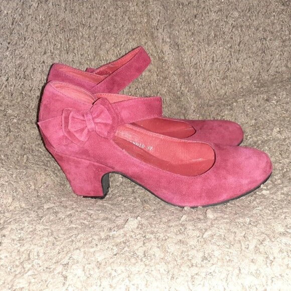DJANGO & JULIETTE-Splendid-RETRO-Dark Fuschia Suede Mary Jane Bow Heels-Sz 37-NM - Picture 4 of 7